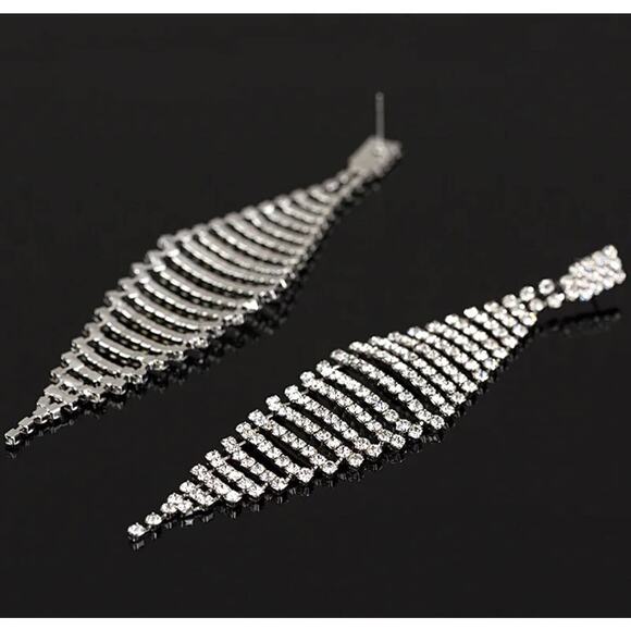 Earrings 4" Dangle Drop Chandelier Clear Rhinestone Silver Jewelry S26 - Picture 2 of 6